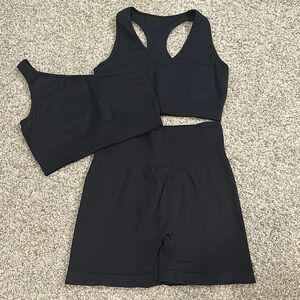 Black Ribbed Sports Bra and Shorts Set